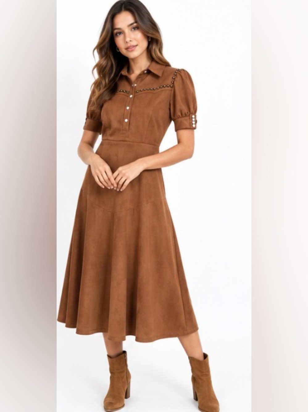 Hale Bob Cognac Western Studded Midi Dress Small NWT Flaw